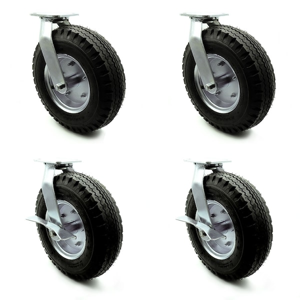 12 Inch Black Pneumatic Wheel Caster Swivel with 2 Brakes, 4PK